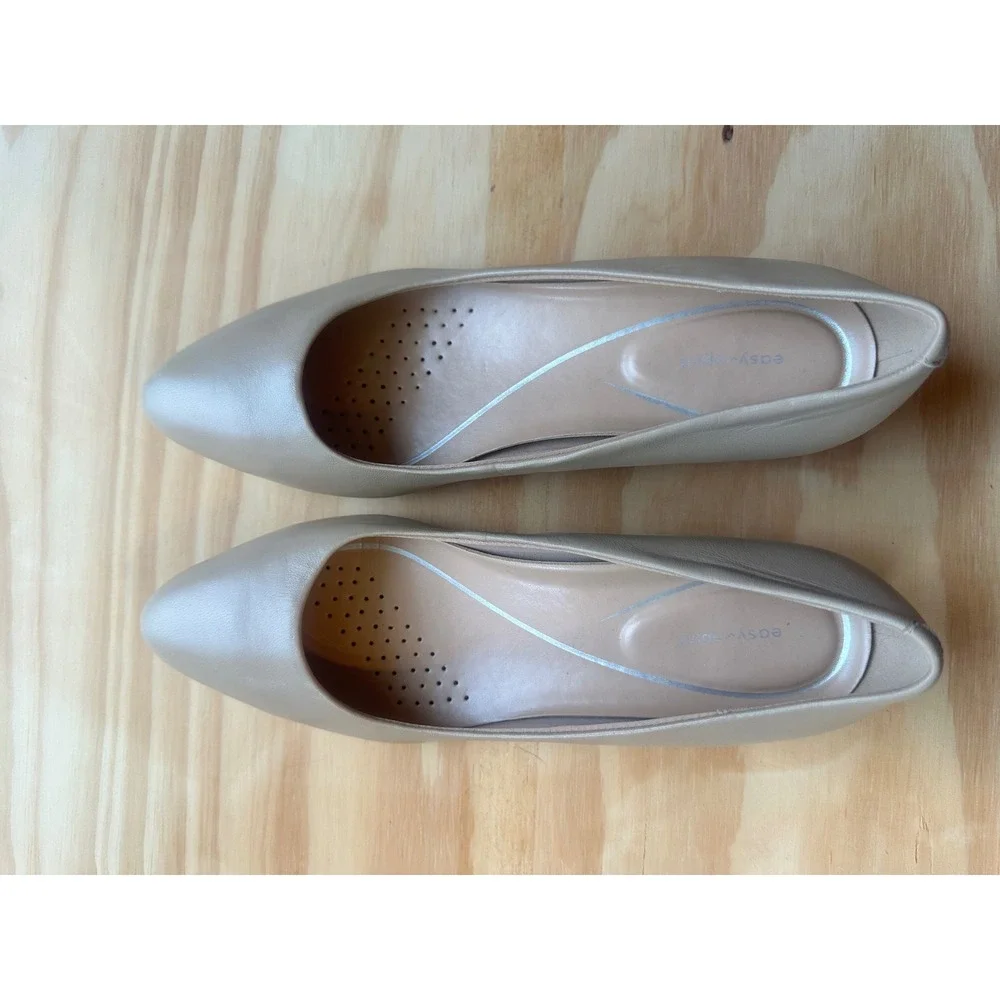 Easy Spirit Womens Light Taupe Leather Pointed Toe Block Heel Pumps Size 9M